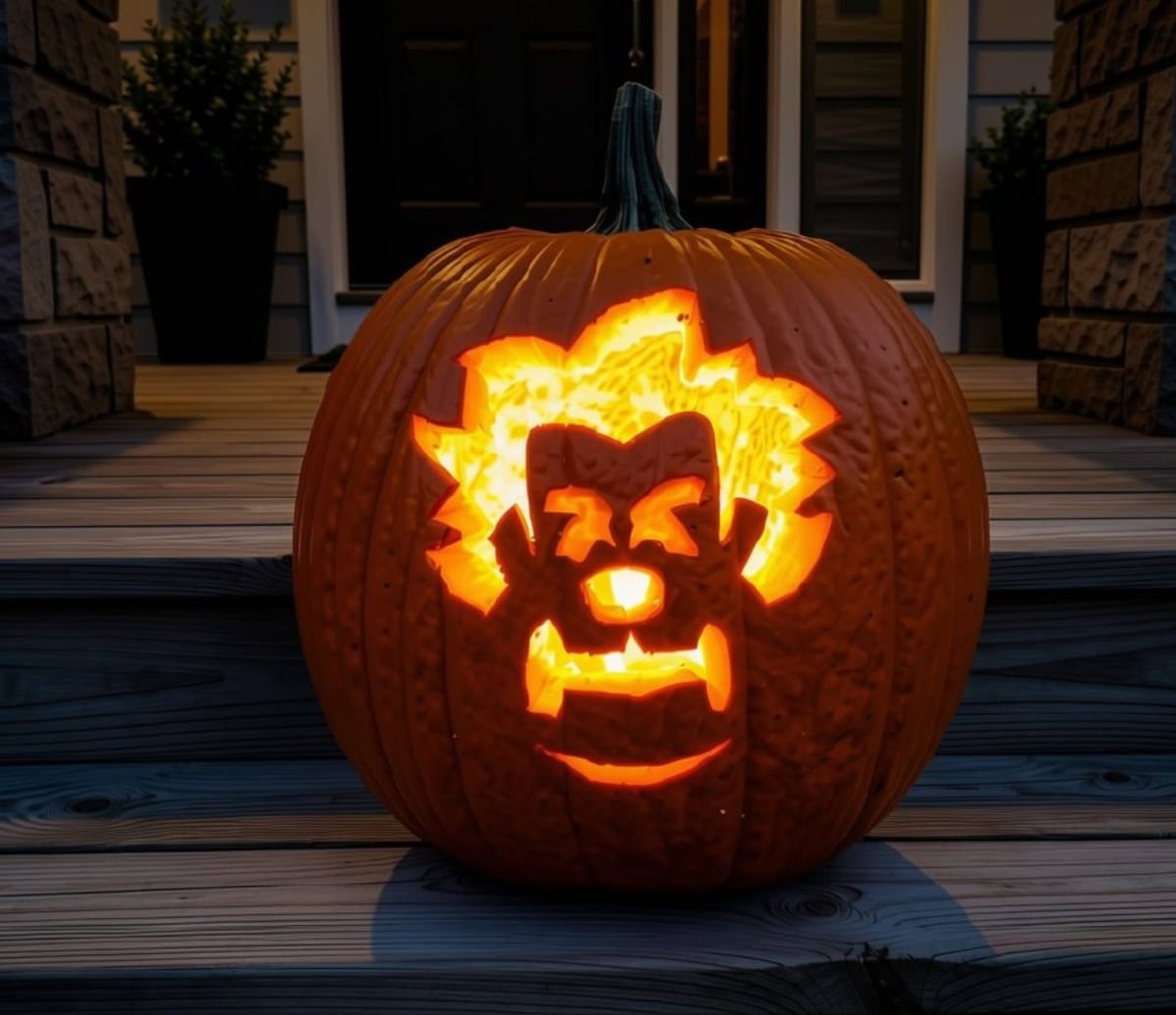 Wreck It Ralph Jack-o-Lantern from pumpkin carving stencil displayed on front steps of home.