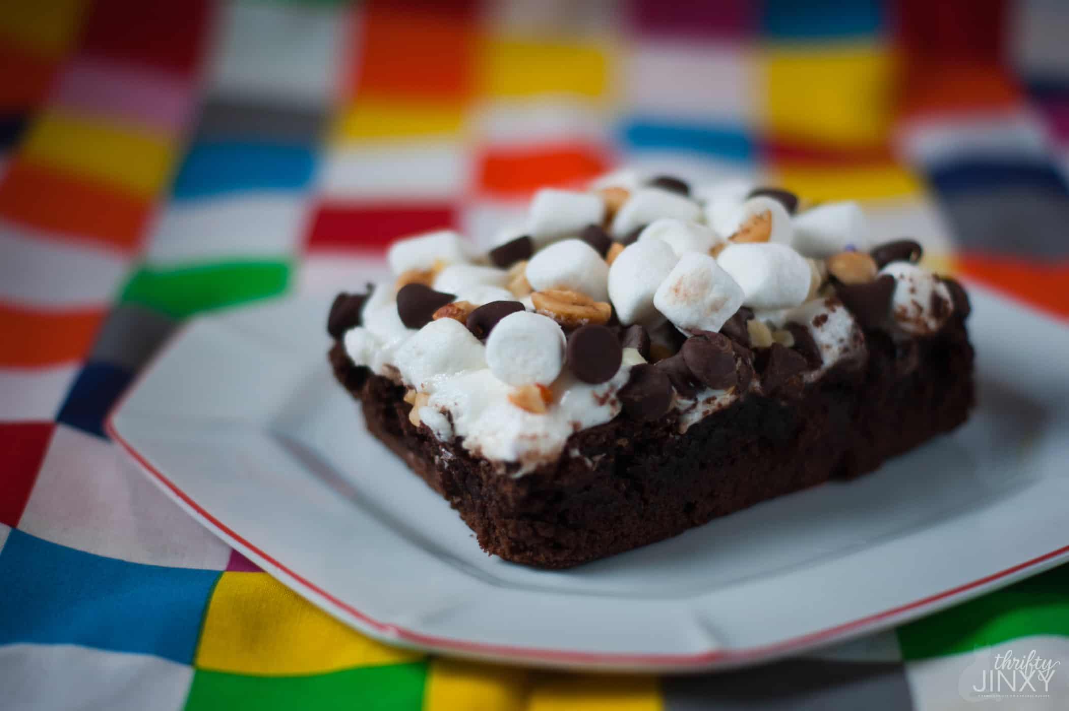Easy Rocky Road Brownies Recipe with Marshmallows and Nuts - Thrifty Jinxy