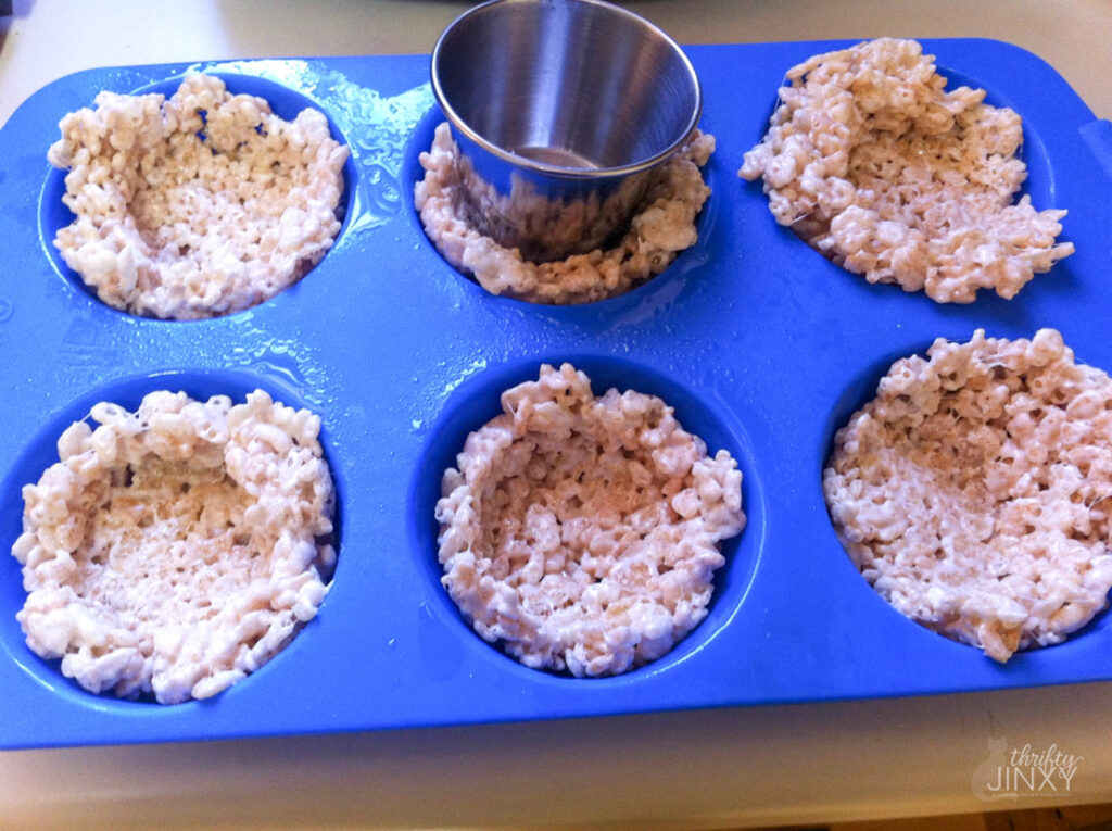 Making Rice Krispies Treat Easter Nests in Muffin Cups