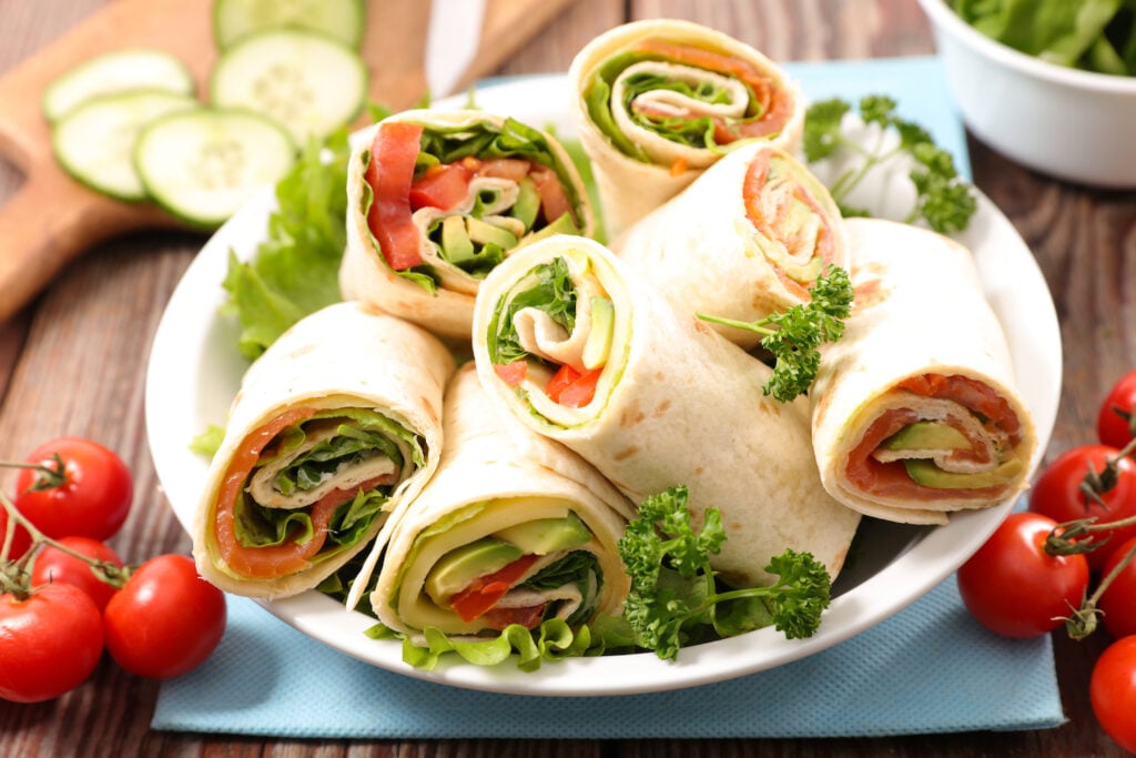 avocado wrap with cheese, lettuce, tomato