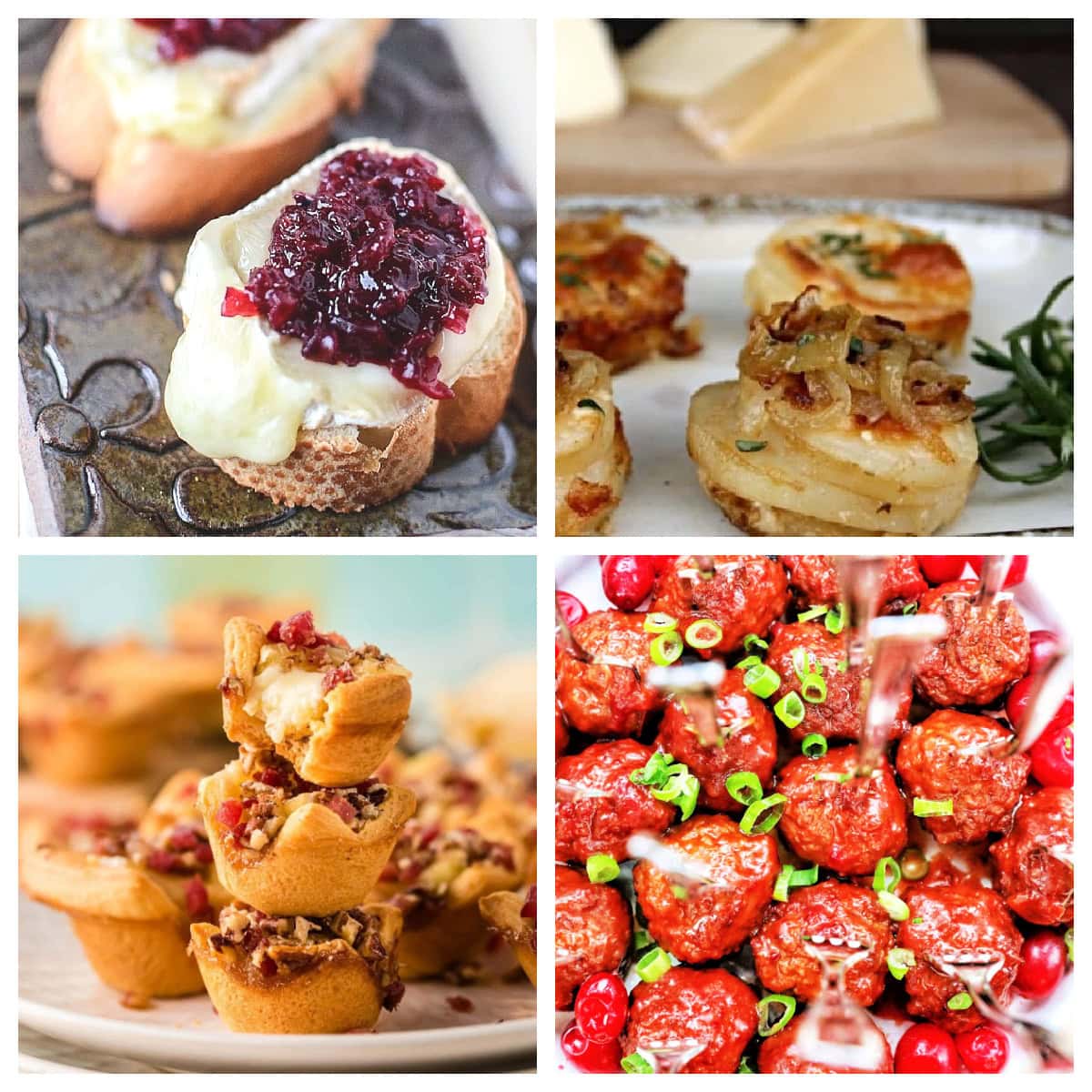 A selection of New Years Eve Appetizers including meatballs, brie with cranberry compote and others.