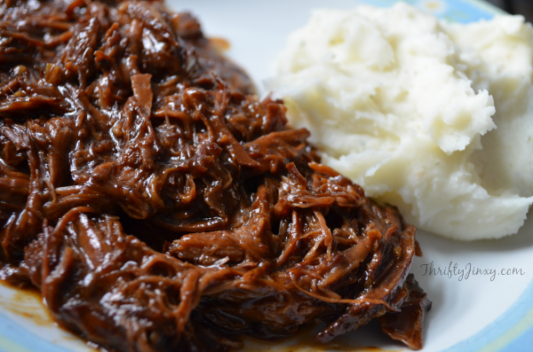 Easy Slow Cooker BBQ Beef Recipe - Thrifty Jinxy