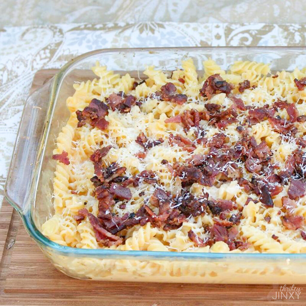 bacon mac and cheese in casserole dish
