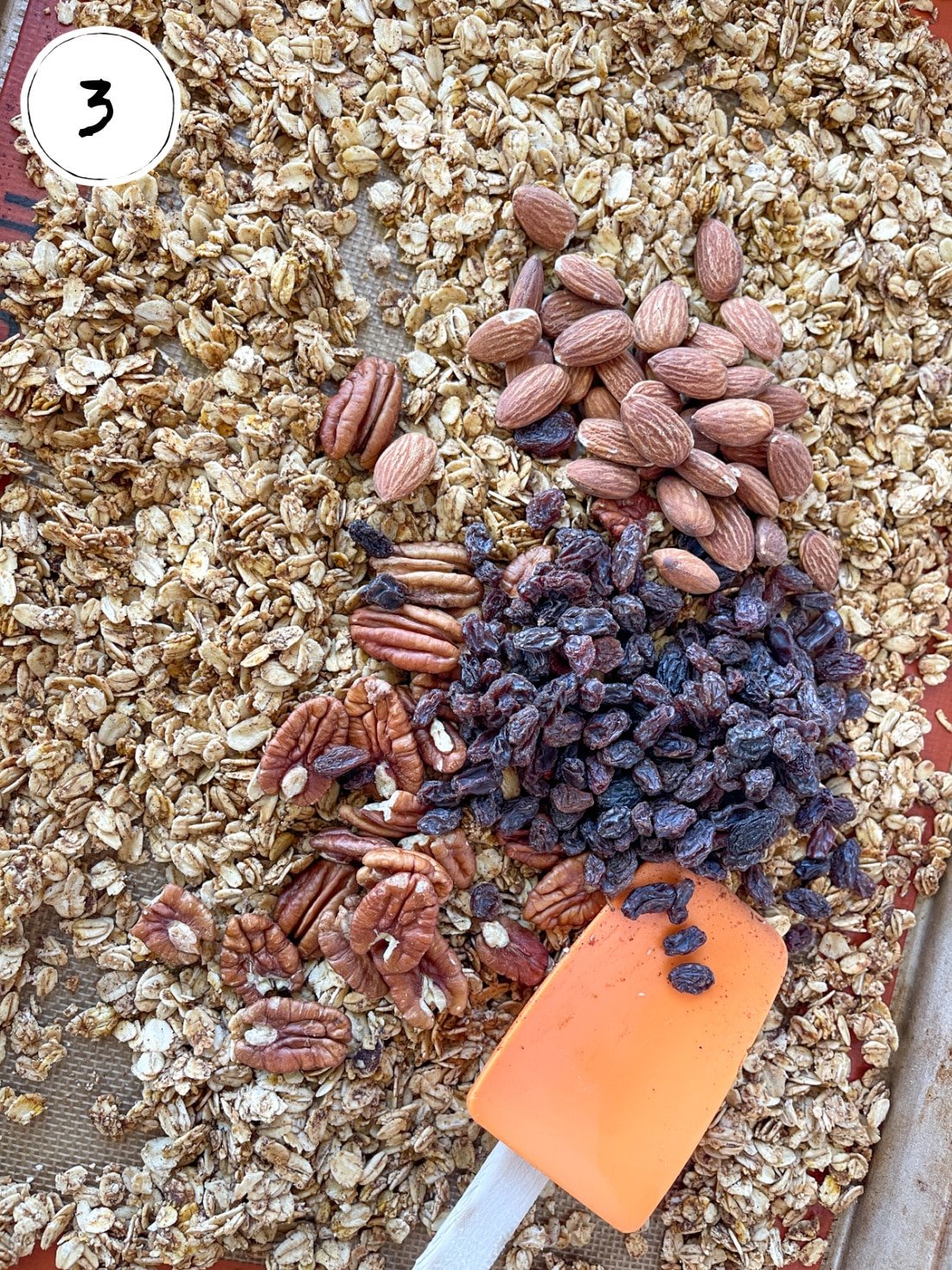 Adding pecans almonds and raisins to Pumpkin Granola.