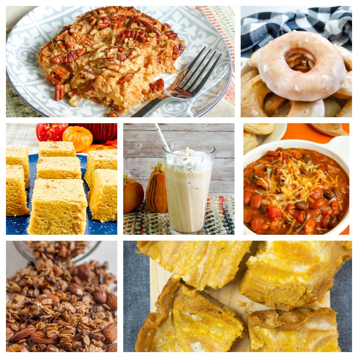 Collage of seven dishes made with pumpkin.
