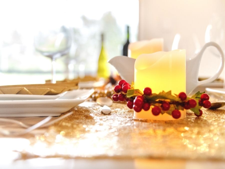 Thanksgiving Table Setting with candles and cranberries