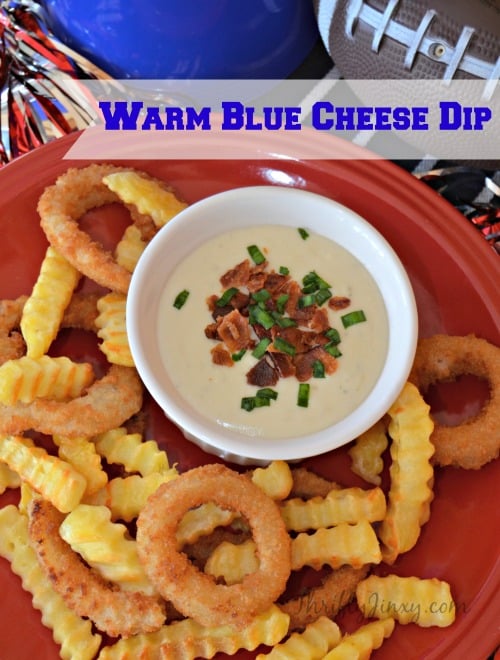 Warm Blue Cheese Dip with French Fries and Onion Rings