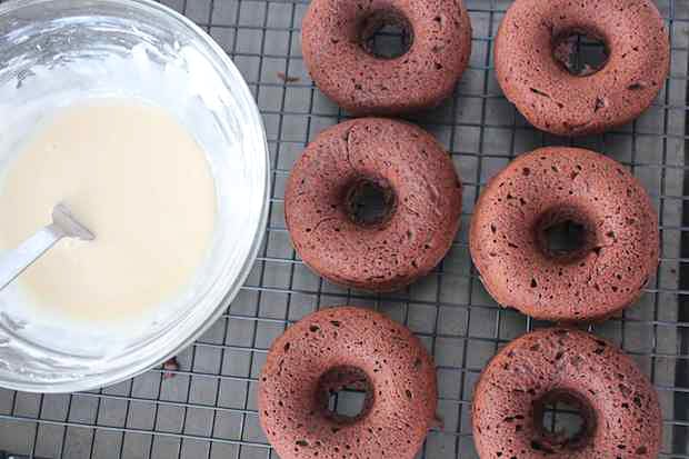 Baked Chocolate Guinness Donuts with Bowl of Irish Creme Glaze
