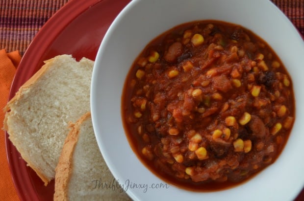 Vegetarian Crockpot Chili with Bulgur Wheat in bowl with bread on plate