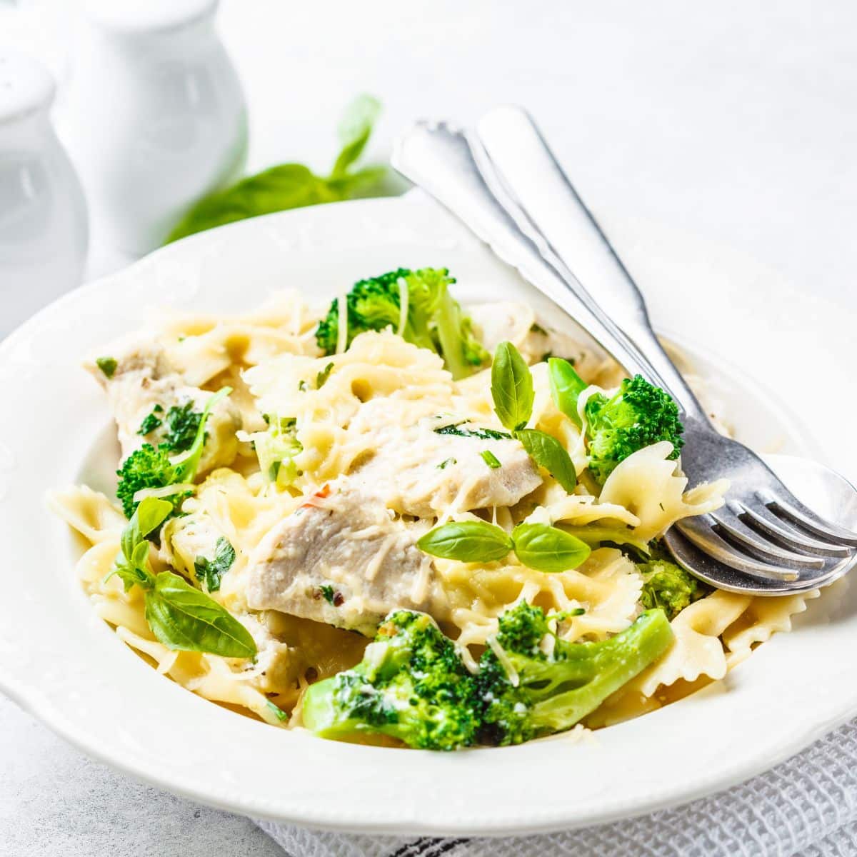 Skillet Broccoli Parmesan Chicken with Bow Tie Pasta