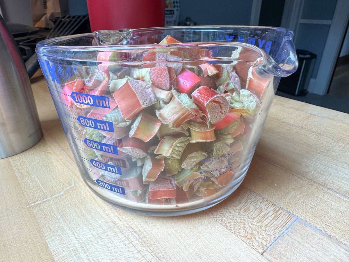 Rhubarb Chopped in measuring cup.