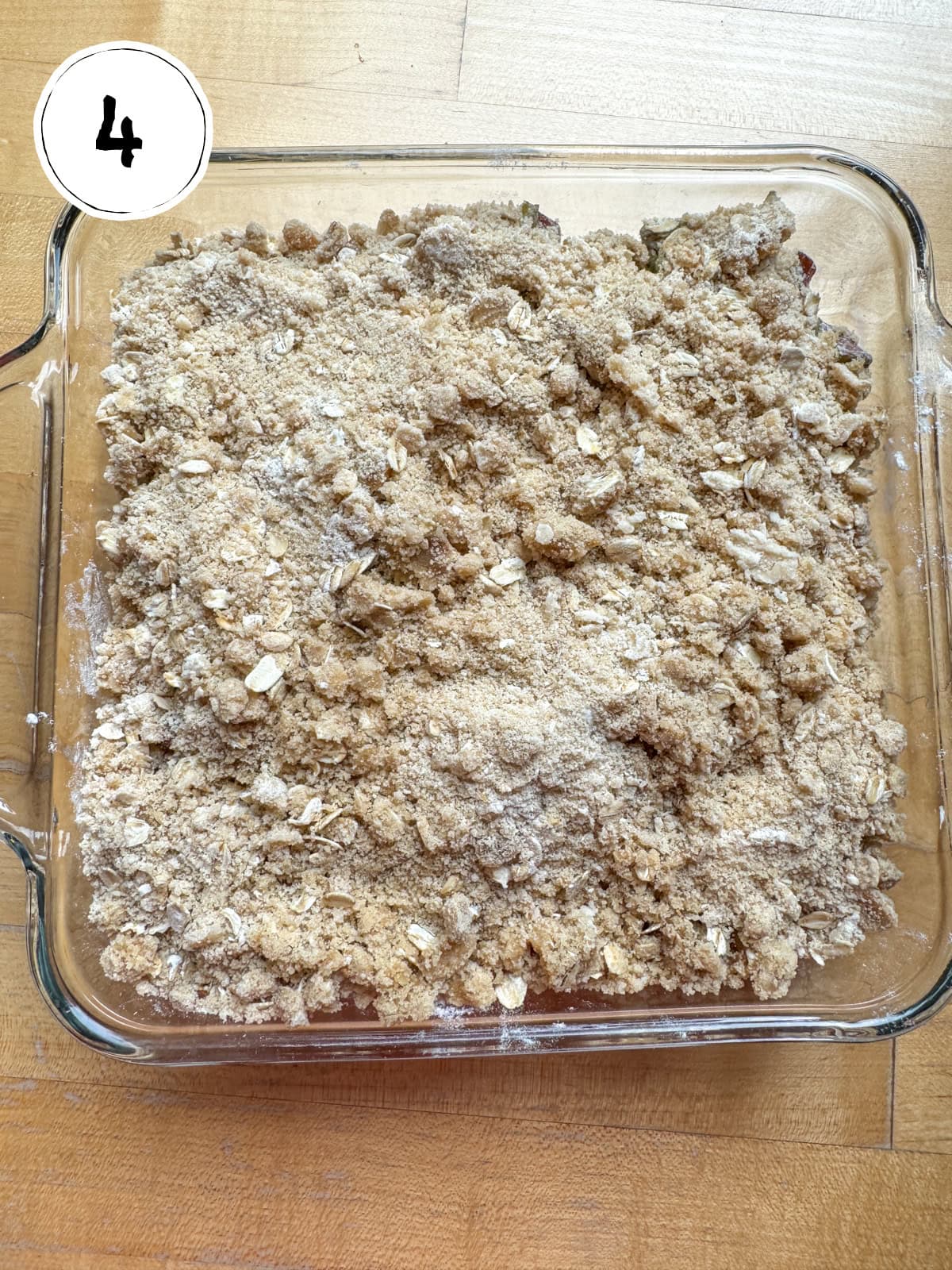Prepared rhubarb crisp pan ready to go into oven.