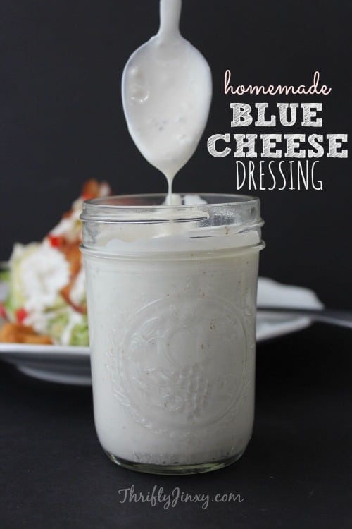 Homemade Blue Cheese Dressing in Jar with Spoon on Top