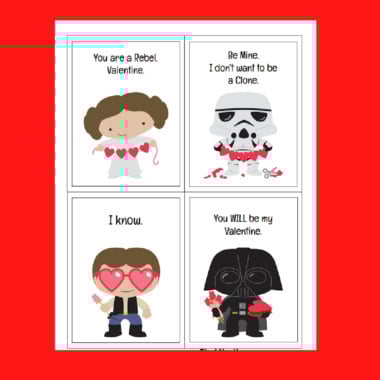 Printable Star Wars Valentines featuring Princess Leia, Stormtrooper, Luke and Darth Vader.