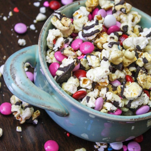 Valentine Popcorn Mix Recipe with Dark Chocolate and Sea Salt.