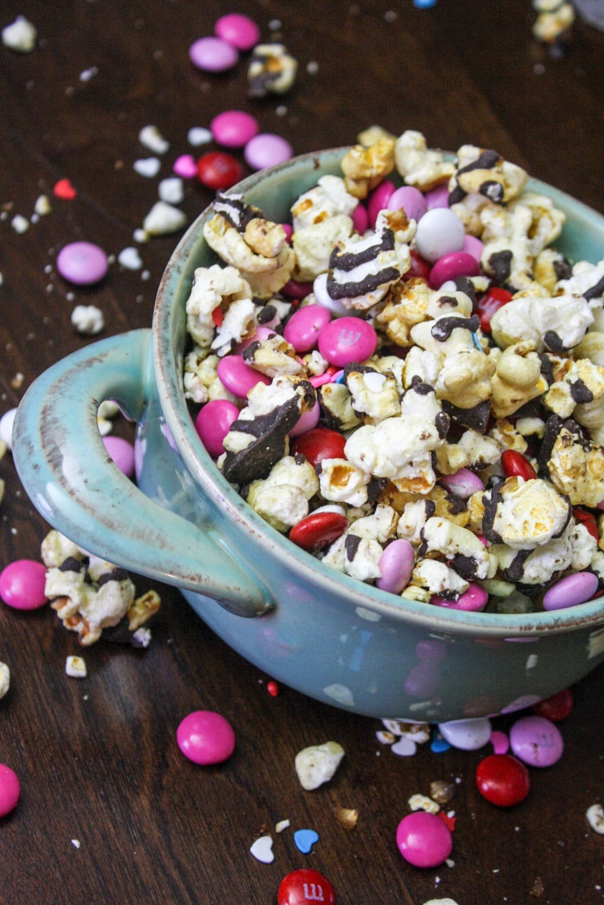 Valentine Popcorn Mix Recipe with Dark Chocolate and Sea Salt.