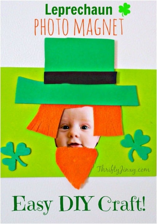 Turn your little one into a leprechaun with this easy-to-make Leprechaun Photo Magnet St. Patrick's Day Craft!