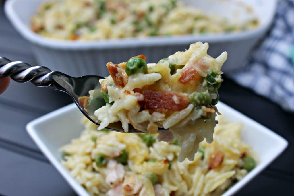 Cheesy Chicken and Orzo Casserole on fork