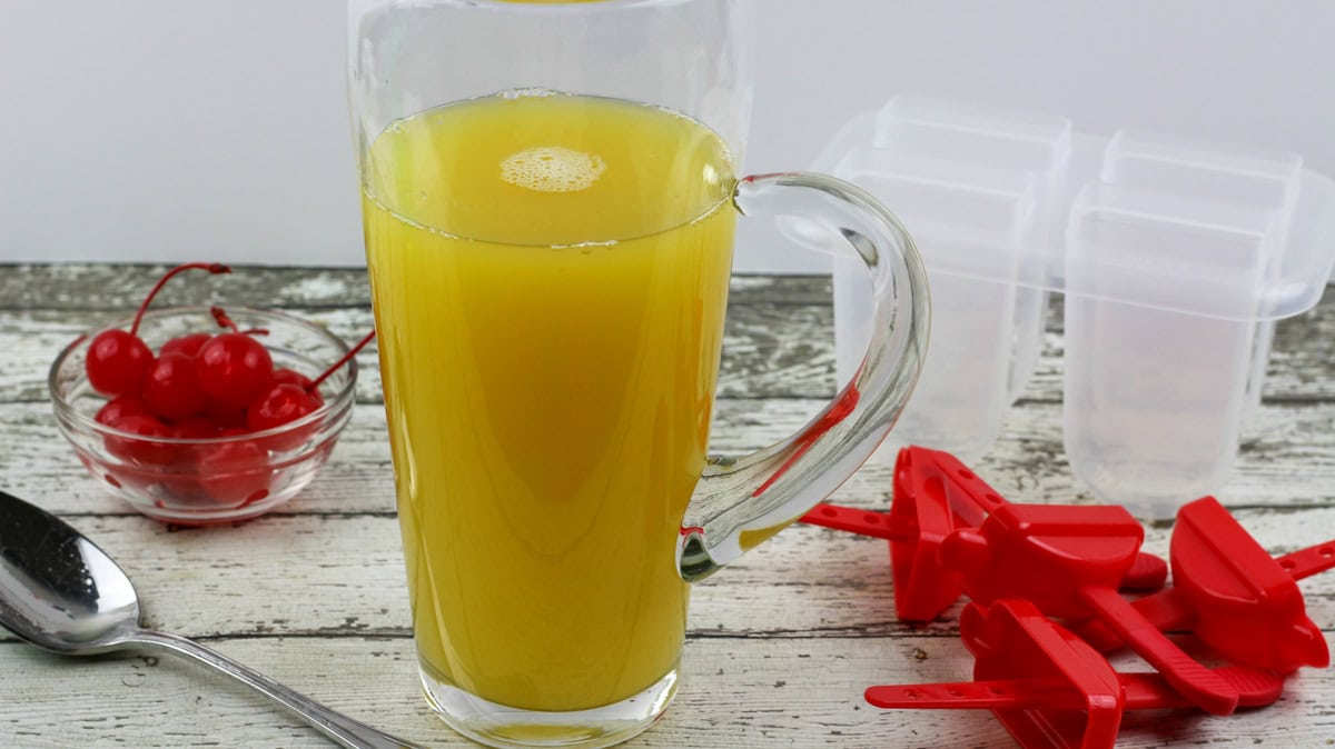 Pokemon Pikachu Ice Pops Ingredients including orange juice and maraschino cherries.