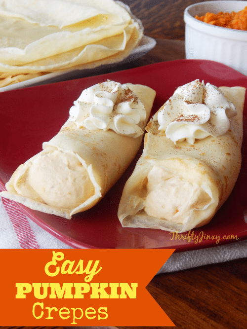 This Easy Pumpkin Crepes Recipe is perfect for a fall brunch or dessert! Tender crepes hold a pumpkin filling and are topped with a sprinkle of cinnamon.