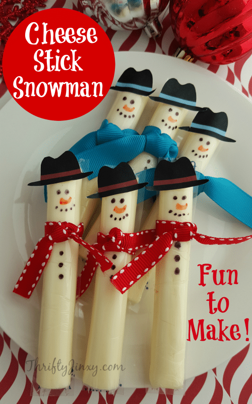 Easy Cheese Stick Snowman with Printable Hats Thrifty Jinxy