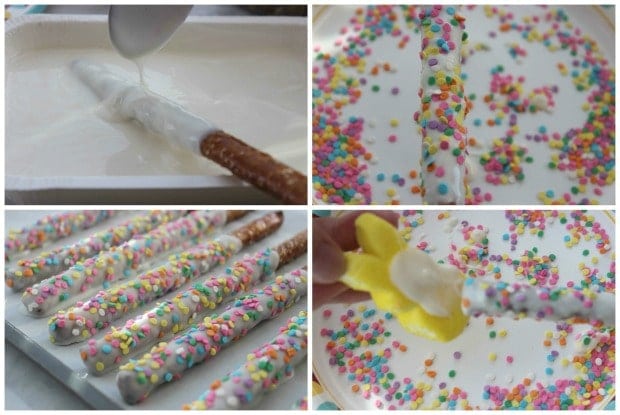 making Easter Bunny Pretzel Treats with white chocolate and sprinkles