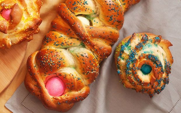 Italian Easter Egg Bread with colored eggs