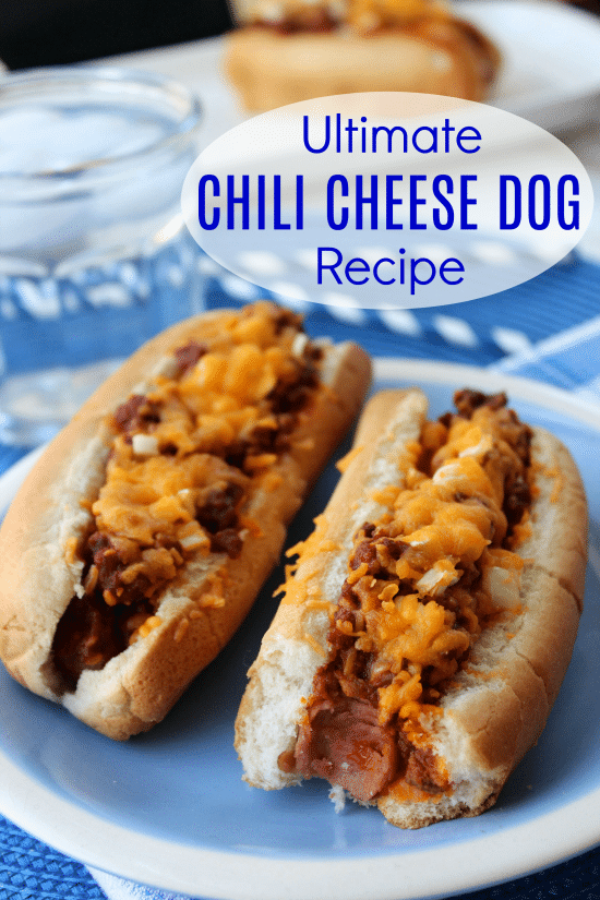 Two Ultimate Chili Cheese Dogs on plate