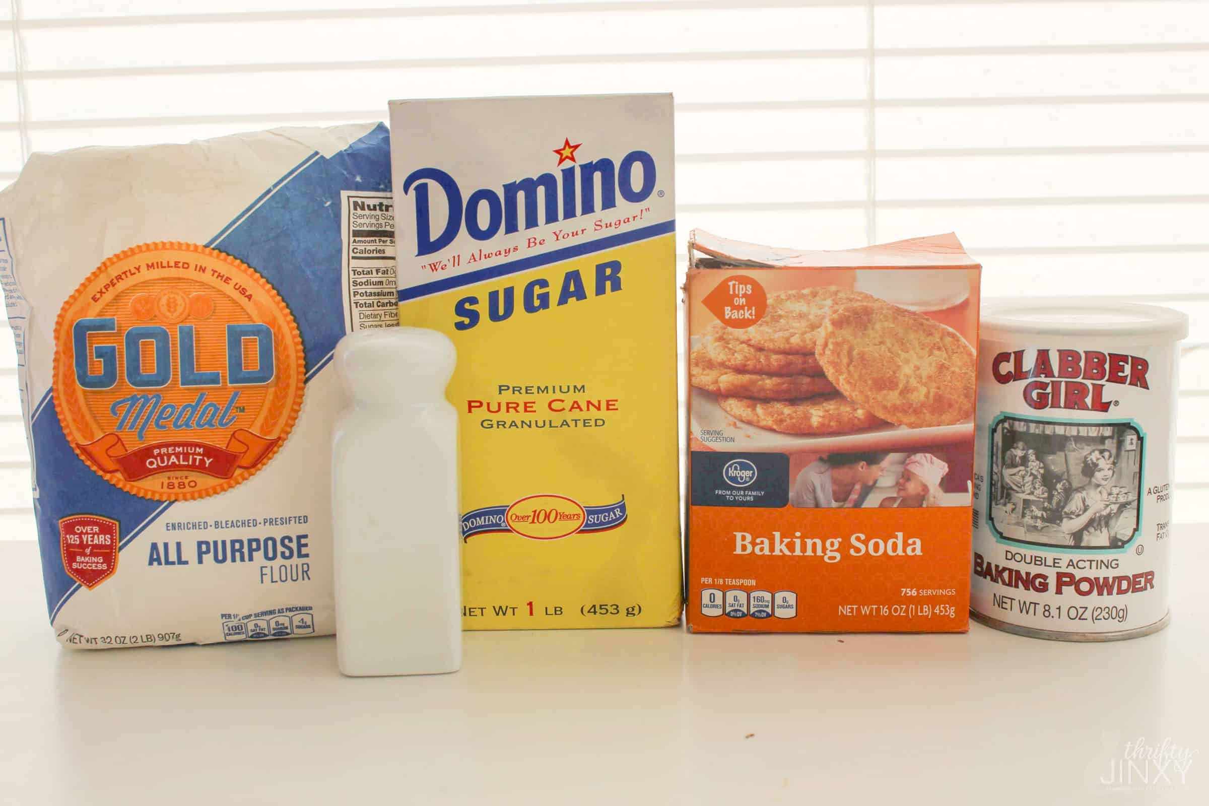 Homemade Pancake Mix Ingredients including flour, sugar, salt, baking soda and baking powder.