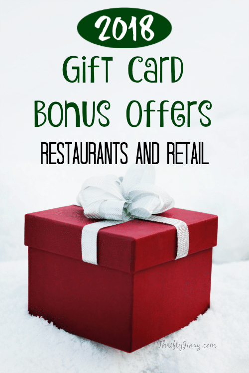 Find all the 2018 Gift Card Bonus Offers available from your favorite restaurants and retail stores. Buy a gift card and get a bonus reward for yourself! #GiftCards #Deals #GiftIdeas #SavingMoney