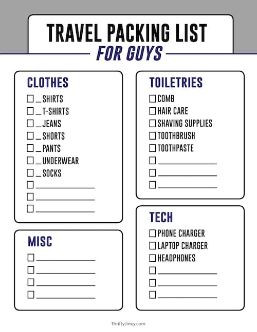 travel packing list for boy