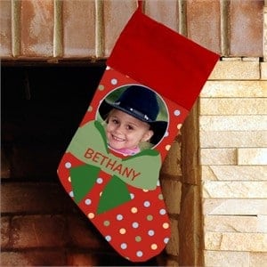 Personalized Christmas Stocking in Red and Green Pattern with child photo and wreath