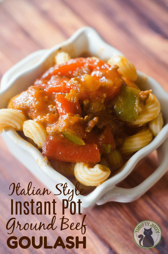 Make a delicious easy dinner in minutes with this Pressure Cooker Ground Beef Goulash Recipe with canned tomatoes, pasta and ground beef for your Instant Pot. #InstantPot #PressureCooker #GroundBeef #EasyDinner