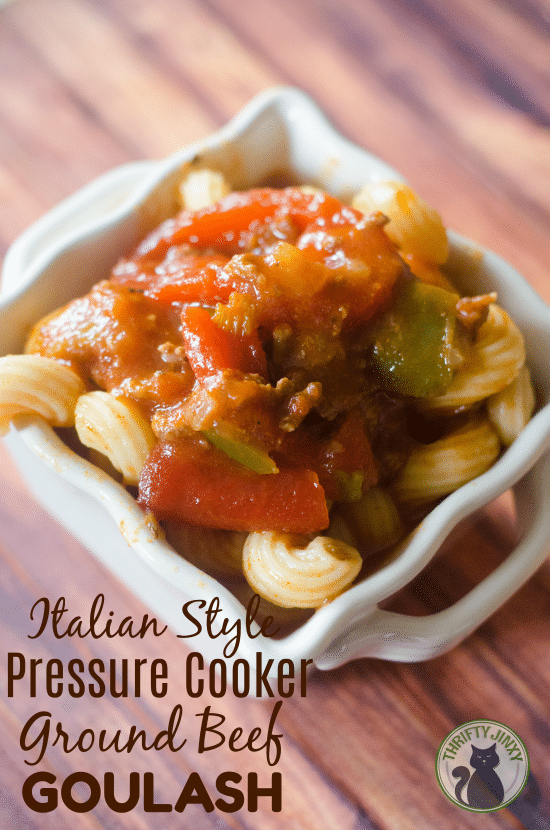 Make a delicious easy dinner in minutes with this Pressure Cooker Ground Beef Goulash Recipe with canned tomatoes, pasta and ground beef for your Instant Pot. #InstantPot #PressureCooker #GroundBeef #EasyDinner