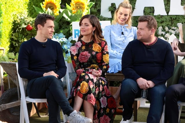 Will Gluck, Rose Byrne and James Corden at Junket Press Conference for PETER RABBIT at The London Hotel West Hollywood