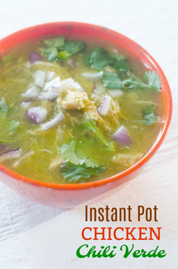 Instant Pot White Chicken Chile Verde in orange bowl.