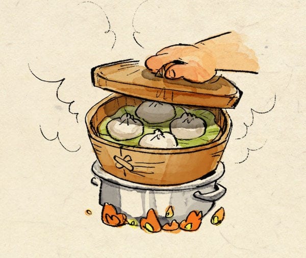 Steamed Bao Bun drawing in steamer over pot of boiling water