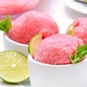 watermelon sorbet in white dishes with mint and lime garnish