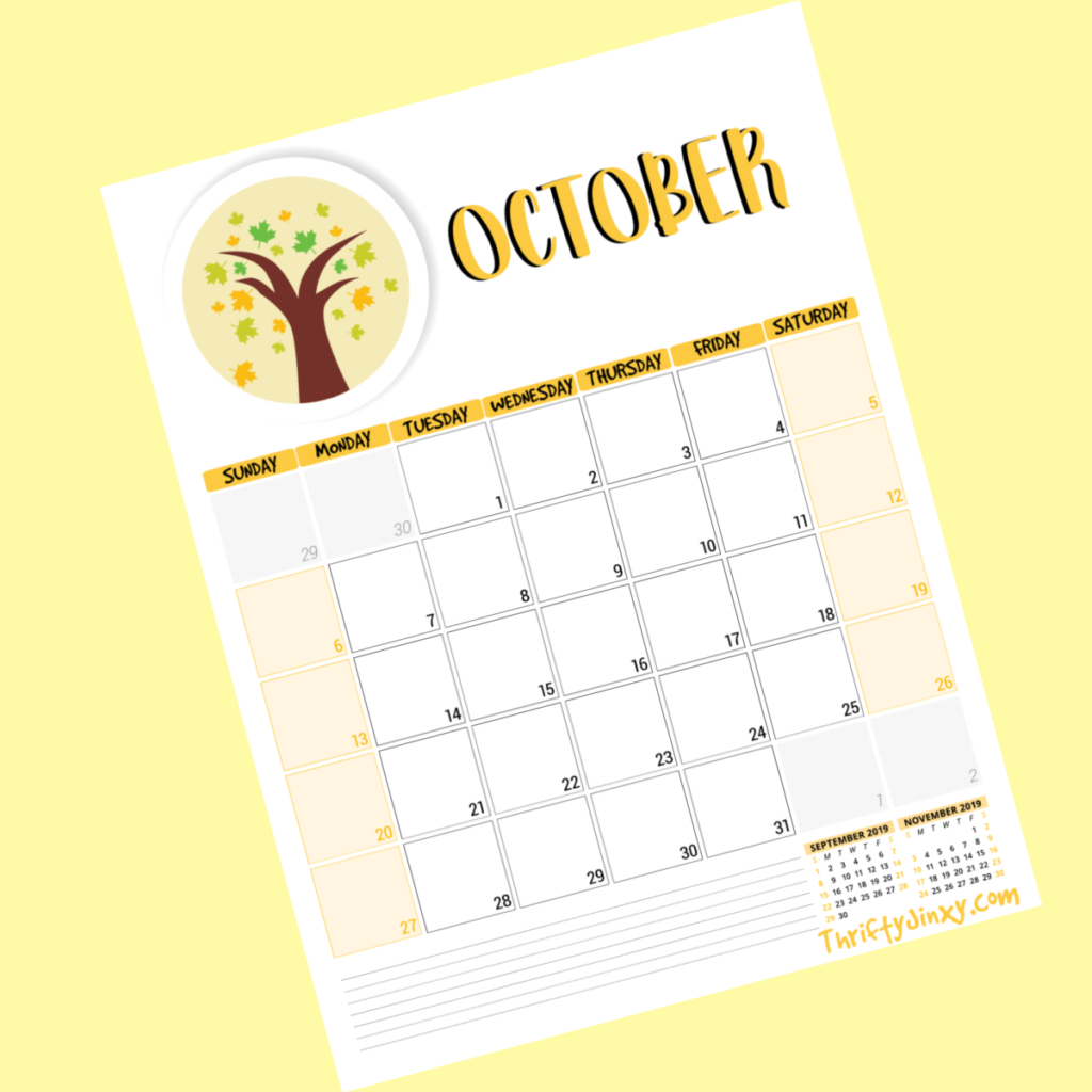 Free October Calendar Printable Page Thrifty Jinxy