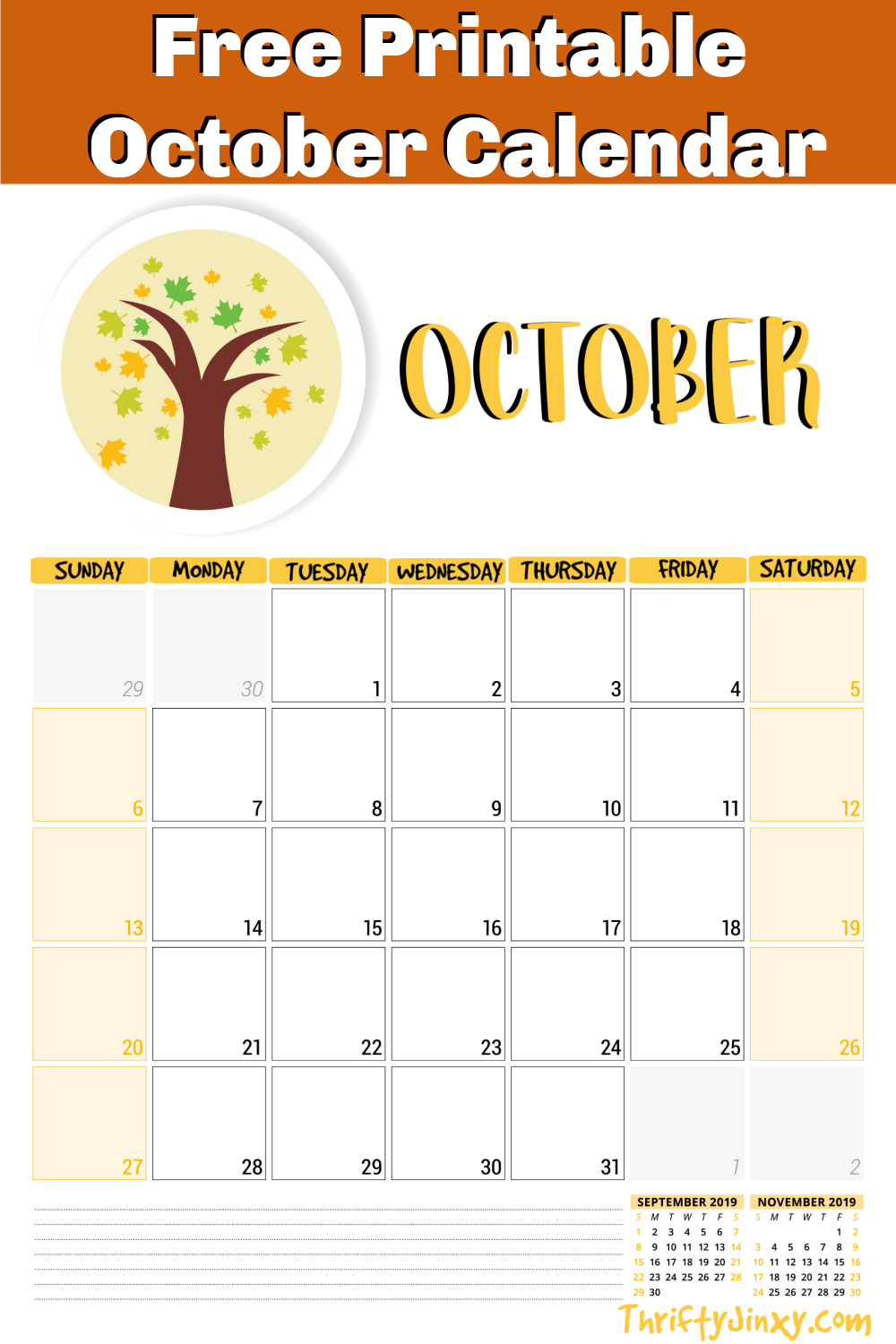 Free October Calendar Printable Page - Thrifty Jinxy