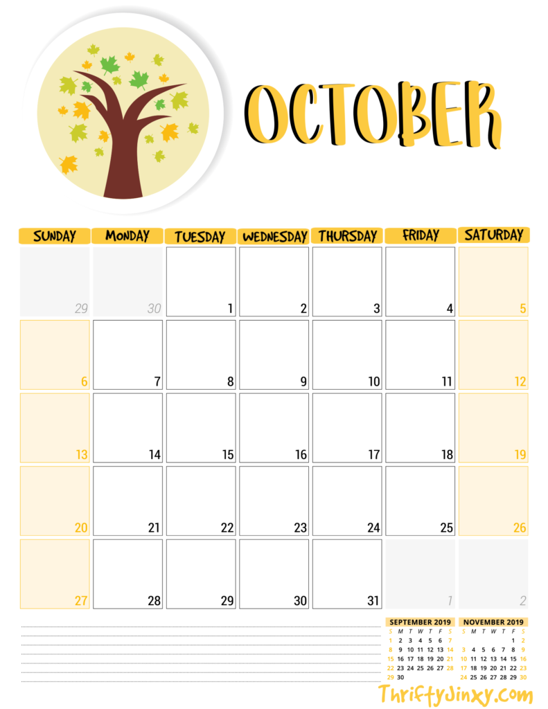 Free October Calendar Printable Page Thrifty Jinxy