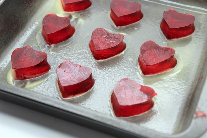 Hearts cut from red Jell-O.