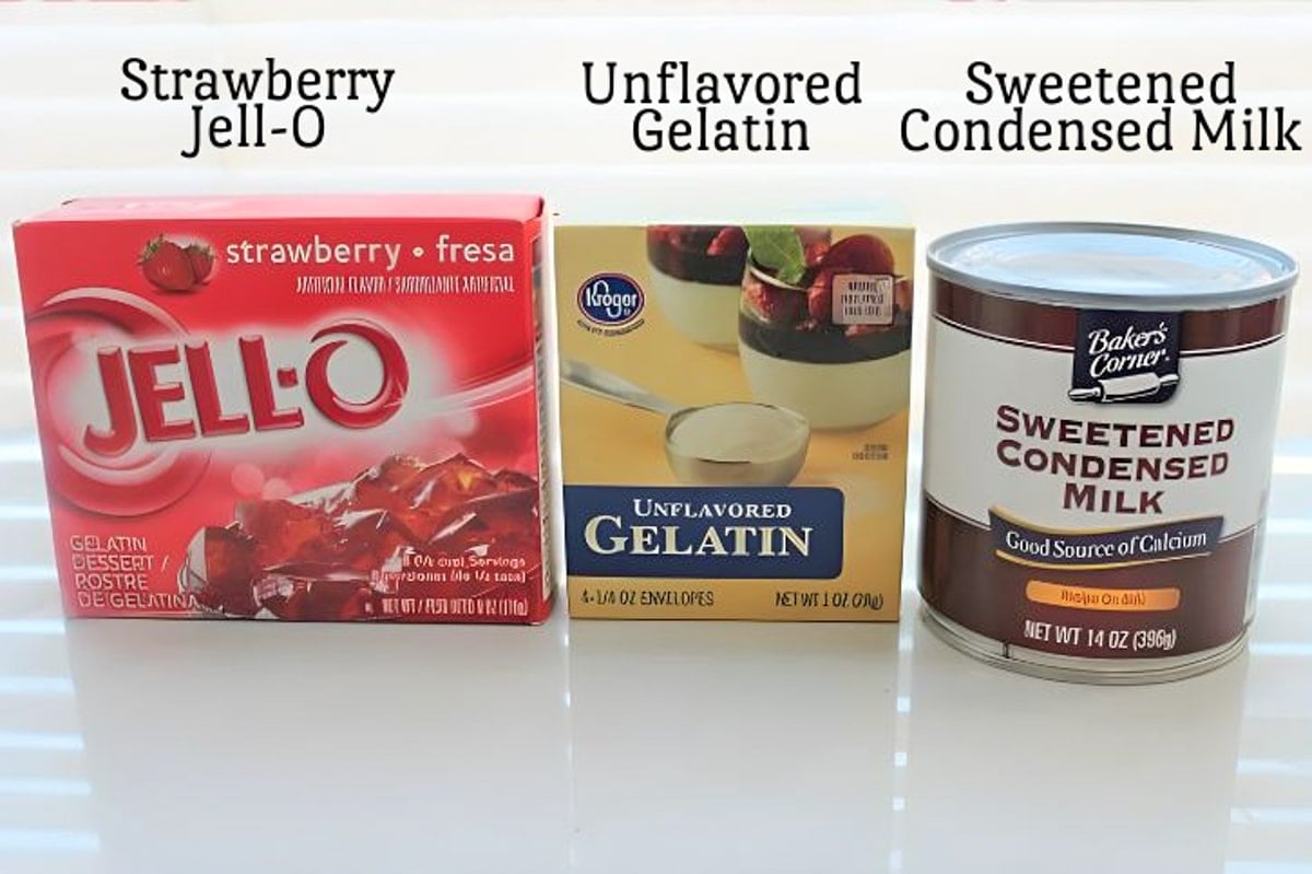 Jello Hearts Ingredients: Strawberry Jell-0, Unflavored Gelatin and Sweetened Condensed Milk.