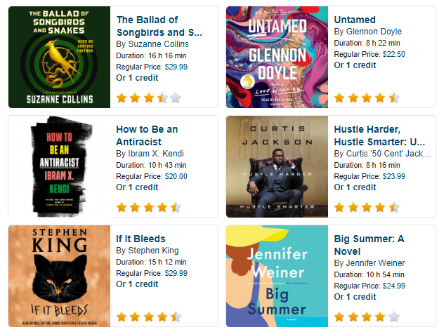 Audiobook choices including Stephen King, Jennifer Weiner, Suzanne Collins and Curtis Jackson