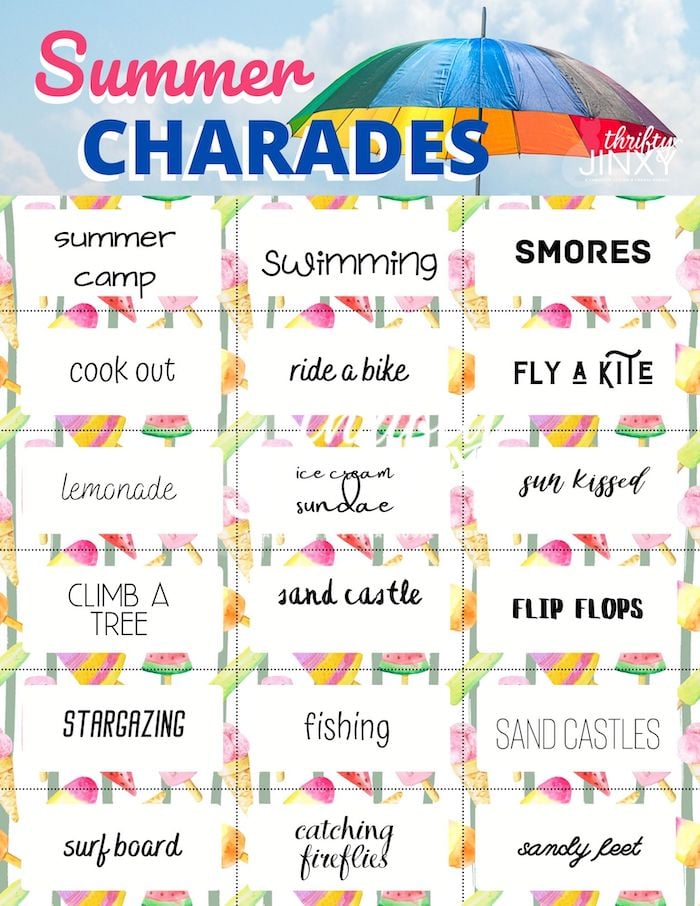 Summer Charades Printable Cards