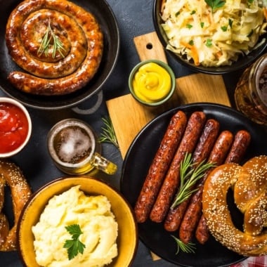 german recipes for oktoberfest including sausage, pretzels, sauerkraut, potatoes.