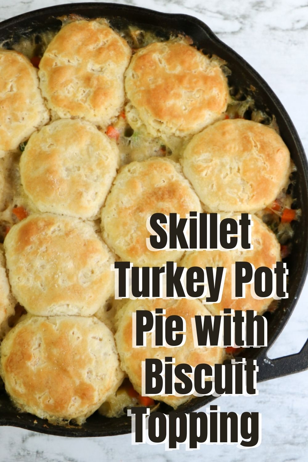 Skillet Turkey Pot Pie with Biscuit Topping Recipe - Thrifty Jinxy