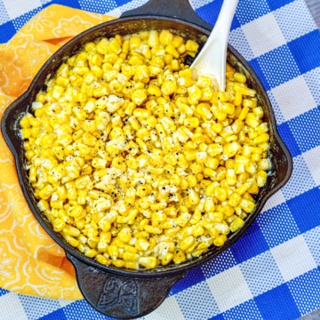 Skillet Creamed Corn with Spoon