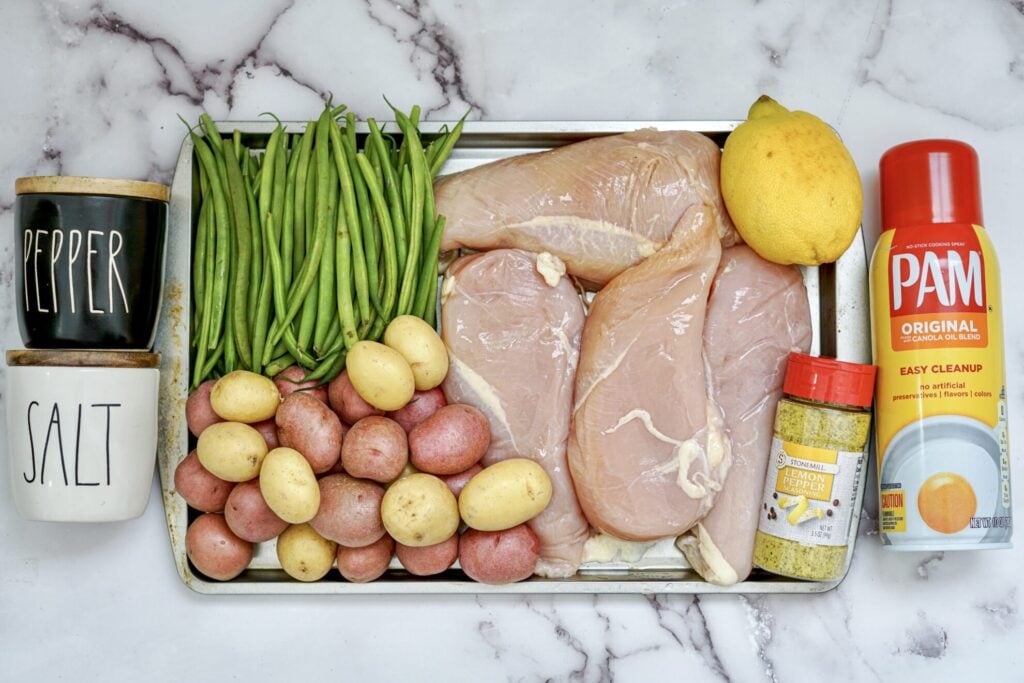 ingredients needed to make Sheet Pan Lemon Pepper Chicken with Green Beans and Potatoes