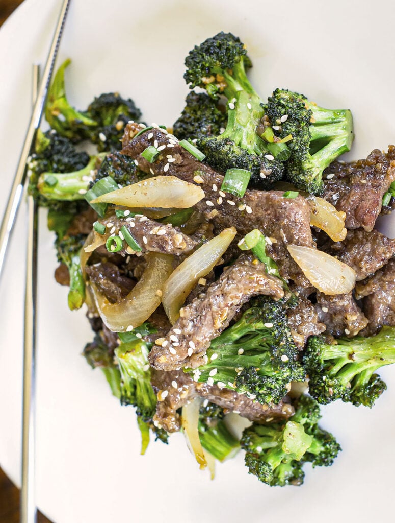 Low Carb Beef and Broccoli on white plate 